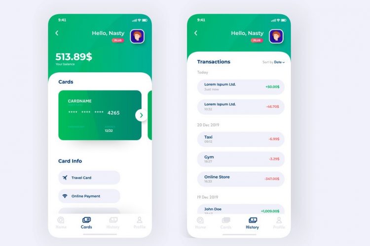 Finance app UI design concept with transaction page, credit card holder information. User banking app dashboard on phone. Phone UI design. Vector